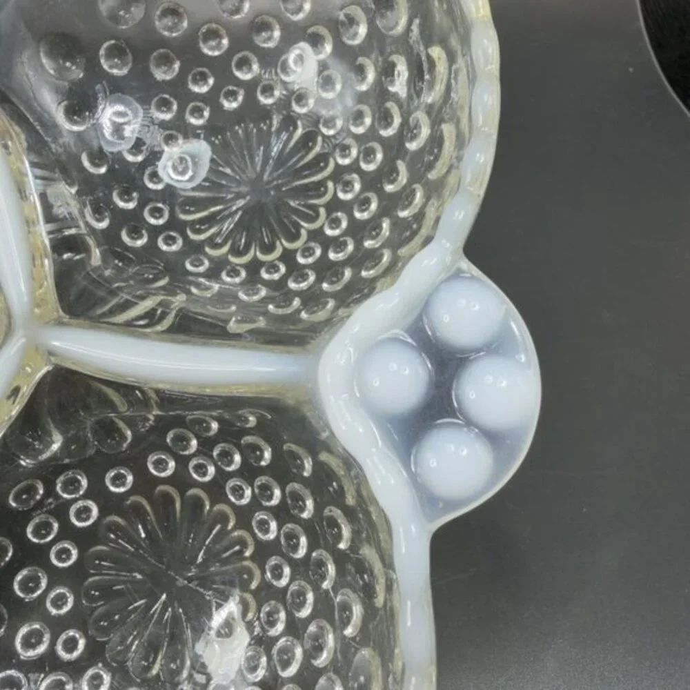 Anchor Hocking Moonstone Clear Opalescent Hobnail Relish Dish 3 Parts Glass Dish